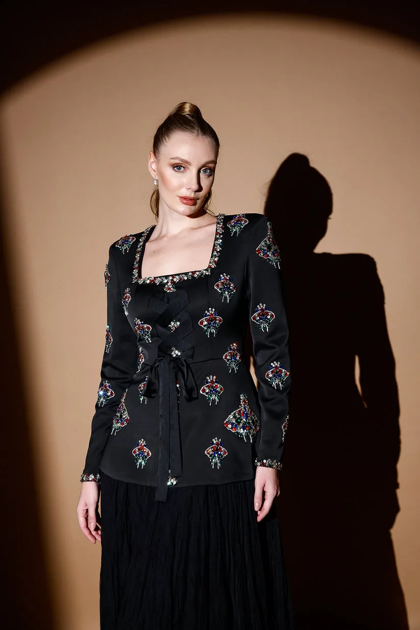 𝐀𝐃𝐌𝐈𝐑𝐀𝐋 Square Collar Stone Embroidered Crepe Jacket and Pleated Chiffon Skirt Evening Suit T56754