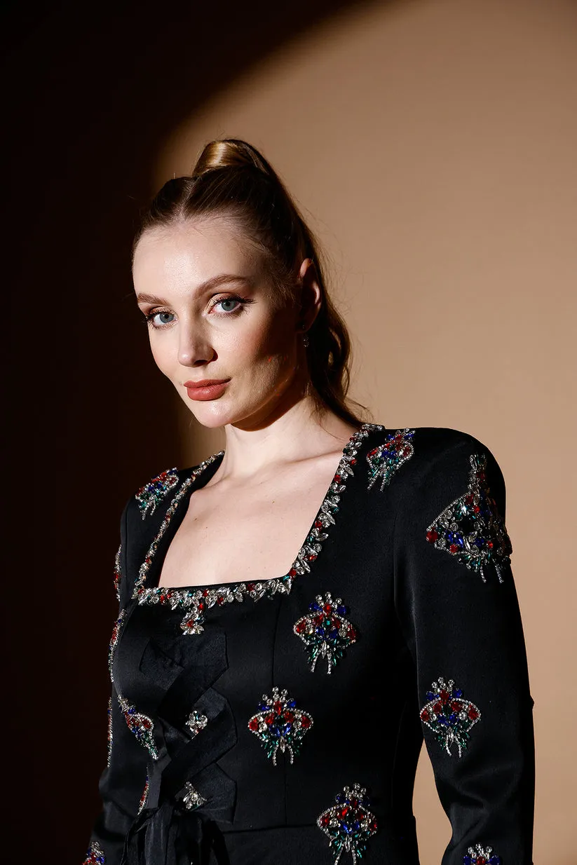 𝐀𝐃𝐌𝐈𝐑𝐀𝐋 Square Collar Stone Embroidered Crepe Jacket and Pleated Chiffon Skirt Evening Suit T56754