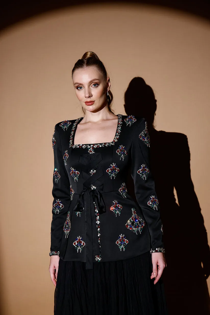 𝐀𝐃𝐌𝐈𝐑𝐀𝐋 Square Collar Stone Embroidered Crepe Jacket and Pleated Chiffon Skirt Evening Suit T56754