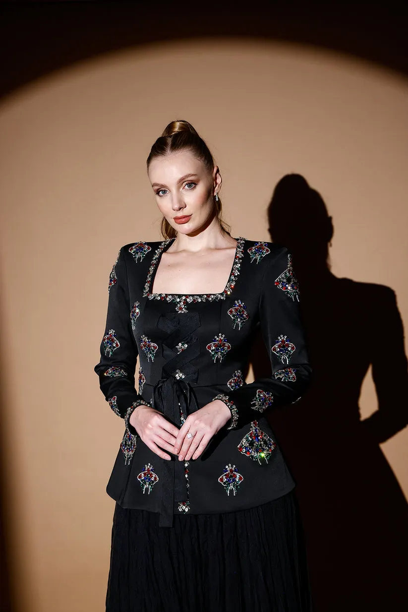 𝐀𝐃𝐌𝐈𝐑𝐀𝐋 Square Collar Stone Embroidered Crepe Jacket and Pleated Chiffon Skirt Evening Suit T56754