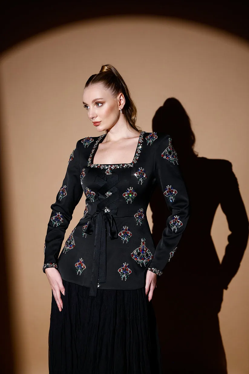 𝐀𝐃𝐌𝐈𝐑𝐀𝐋 Square Collar Stone Embroidered Crepe Jacket and Pleated Chiffon Skirt Evening Suit T56754