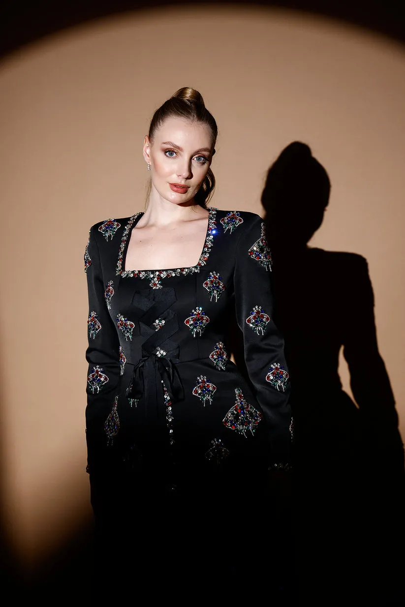 𝐀𝐃𝐌𝐈𝐑𝐀𝐋 Square Collar Stone Embroidered Crepe Jacket and Pleated Chiffon Skirt Evening Suit T56754
