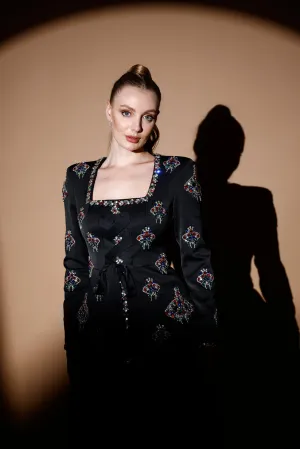 𝐀𝐃𝐌𝐈𝐑𝐀𝐋 Square Collar Stone Embroidered Crepe Jacket and Pleated Chiffon Skirt Evening Suit T56754