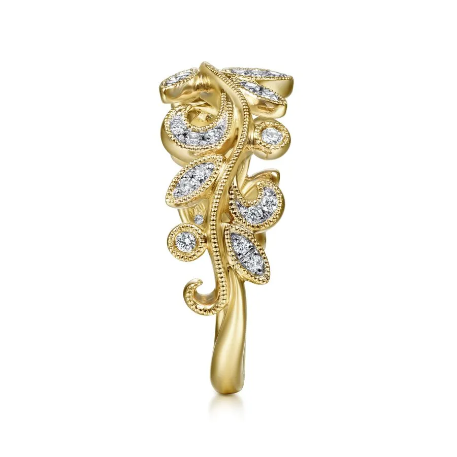 14K Yellow Gold Diamond Leaf Ring