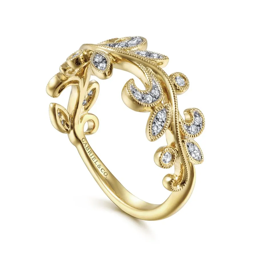 14K Yellow Gold Diamond Leaf Ring
