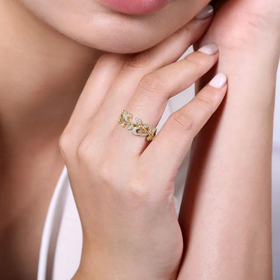 14K Yellow Gold Diamond Leaf Ring