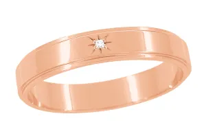 1950's Mid Century Rose Gold Grooved Edge Starburst Diamond Wedding Ring - 4mm Wide
