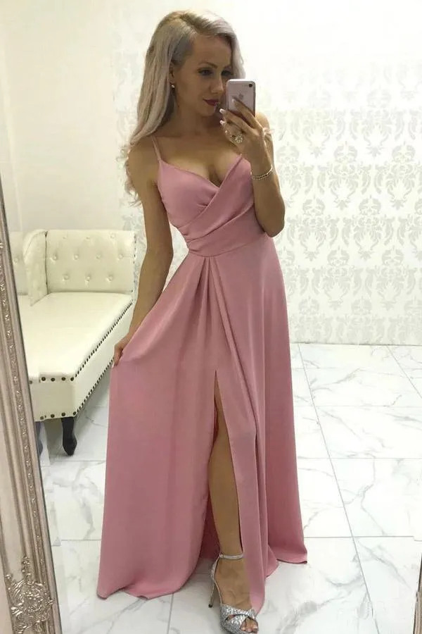 A-line Simple Satin Evening Gown Spaghetti Straps Prom Dress with Split PSK117
