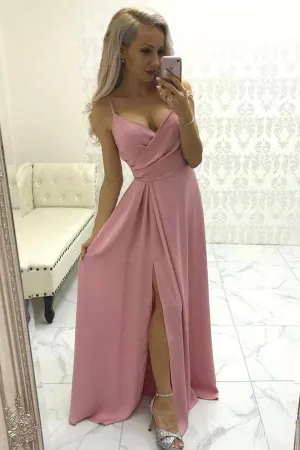 A-line Simple Satin Evening Gown Spaghetti Straps Prom Dress with Split PSK117
