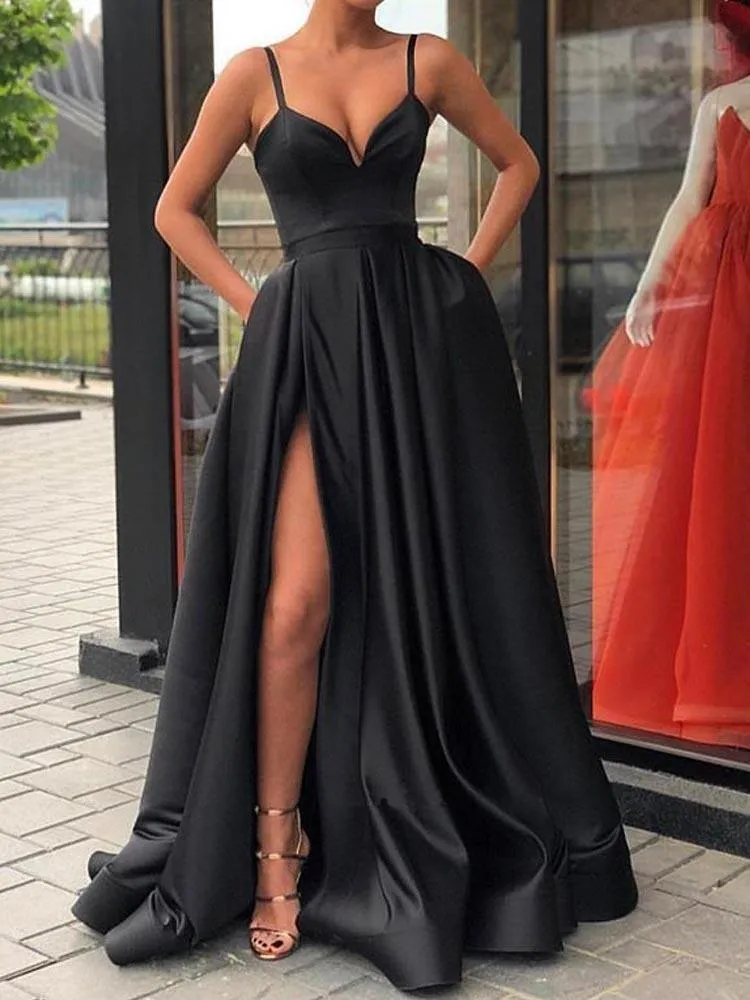 A Line Sweetheart Spaghetti Straps Black Satin Split Long Prom Dresses PG730