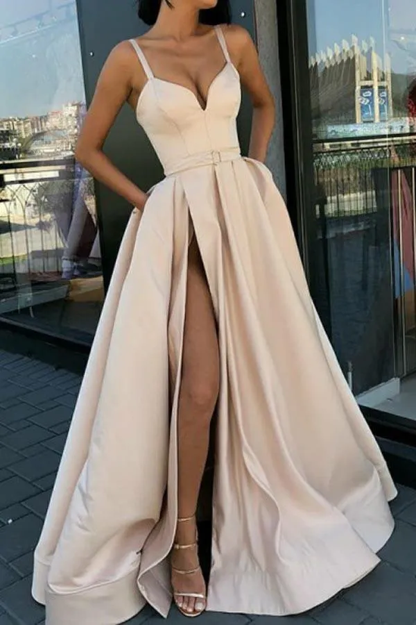 A Line Sweetheart Spaghetti Straps Black Satin Split Long Prom Dresses PG730