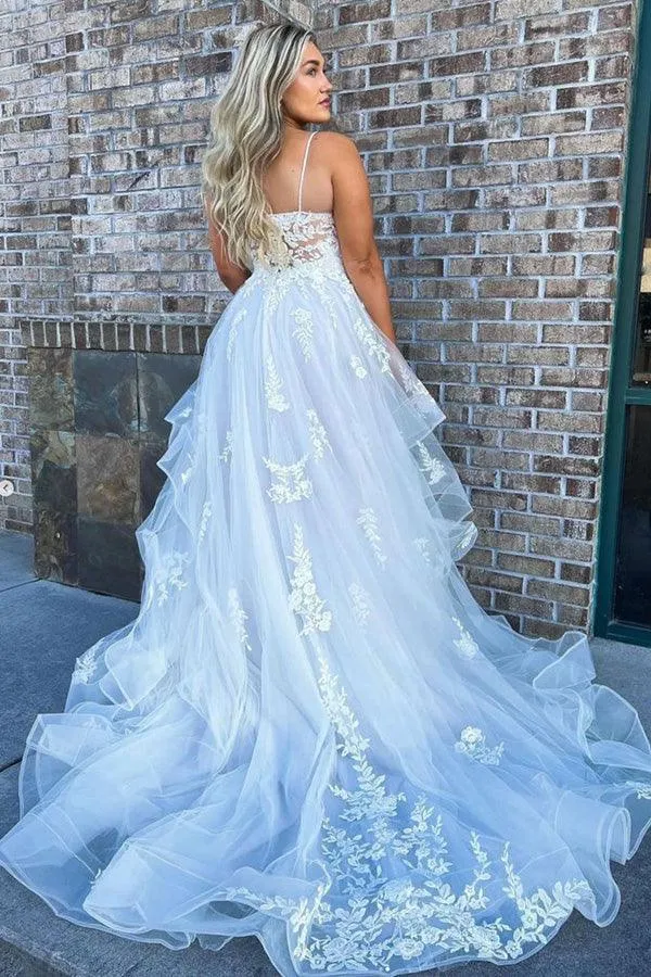 A-line Tulle Long Prom Dress Straps Evening Dress With Lace Applique TP1034
