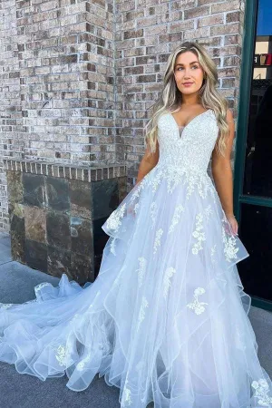 A-line Tulle Long Prom Dress Straps Evening Dress With Lace Applique TP1034