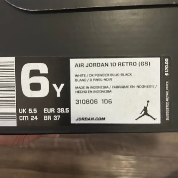 AIR JORDAN 10 RETRO POWDER BLUE - SIZE 6Y