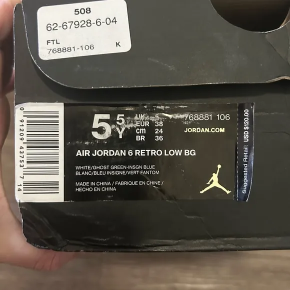 AIR JORDAN 6 RETRO LOW GHOST GREEN - SIZE 5.5Y