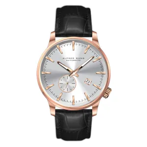 Alfred Sung Automatic II Silver Sunray Dial Black Leather Strap Men's watch