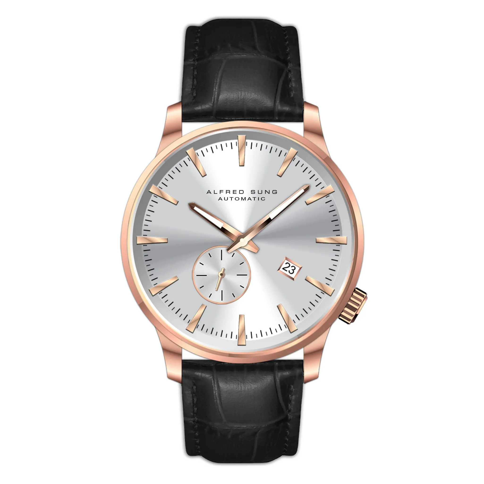 Alfred Sung Automatic II Silver Sunray Dial Black Leather Strap Men's watch