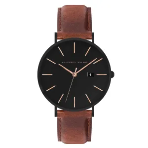 Alfred Sung Metropolitan Date Black Dial & Case Leather strap watch