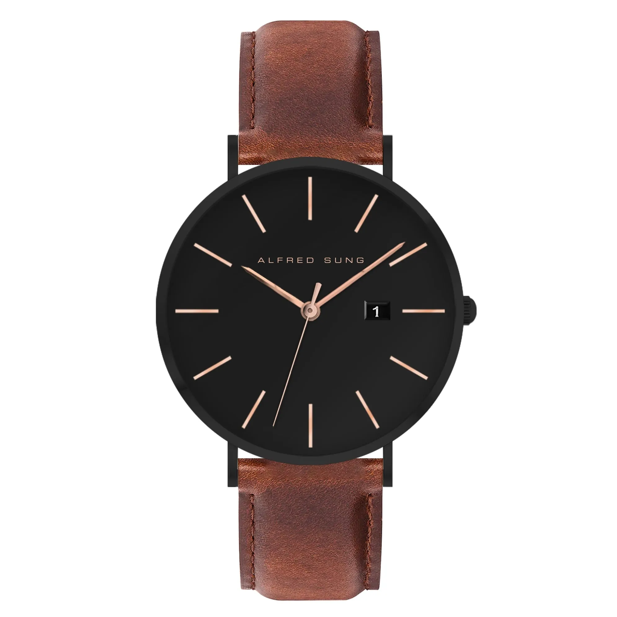 Alfred Sung Metropolitan Date Black Dial & Case Leather strap watch
