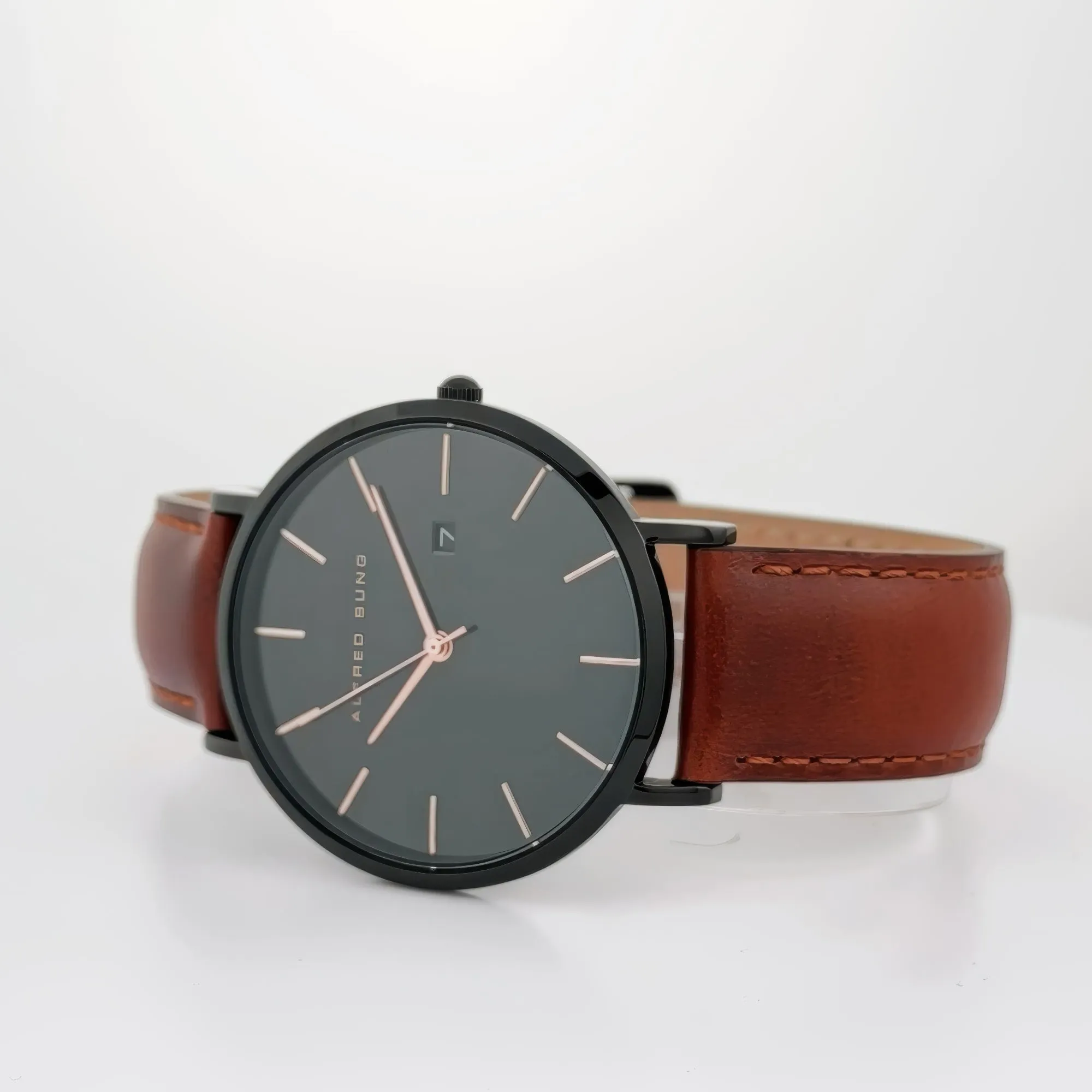 Alfred Sung Metropolitan Date Black Dial & Case Leather strap watch