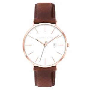 Alfred Sung Metropolitan Date White Dial Rosegold Case Brown Leather Strap watch