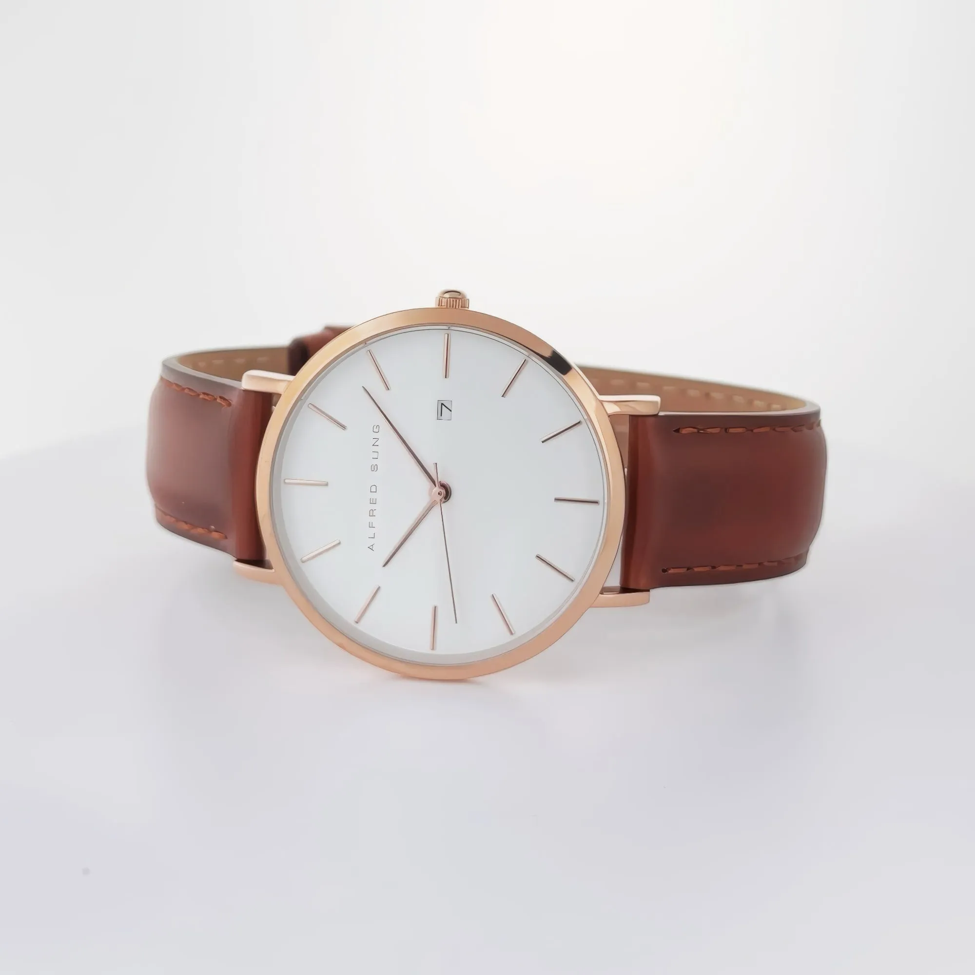 Alfred Sung Metropolitan Date White Dial Rosegold Case Brown Leather Strap watch