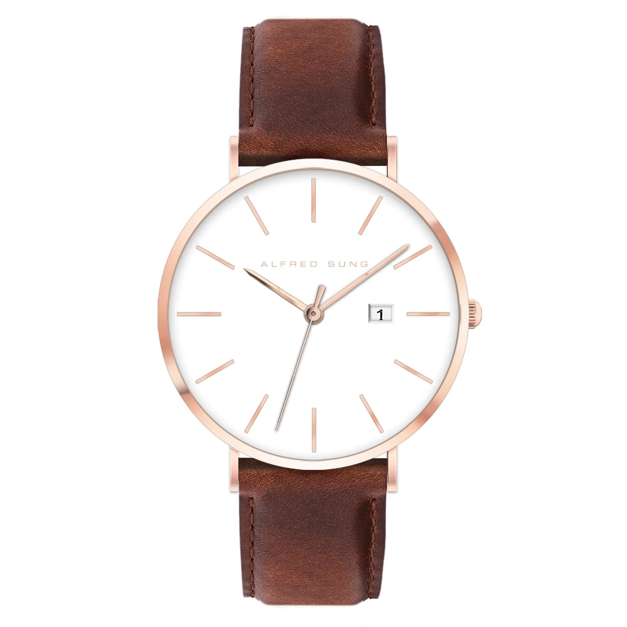 Alfred Sung Metropolitan Date White Dial Rosegold Case Brown Leather Strap watch
