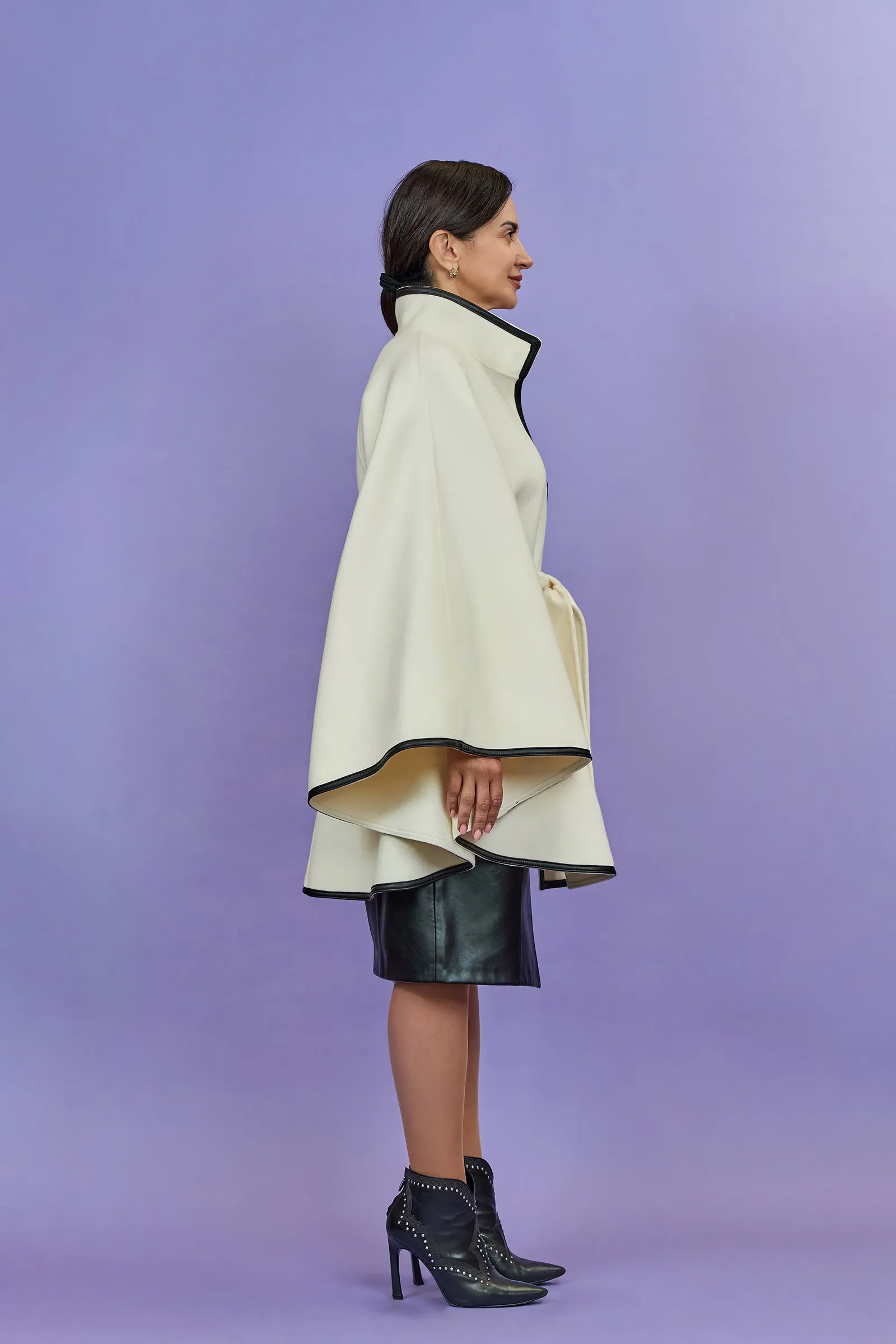 ALICE White Belted Cape Coat in Virgin Wool Cashmere Black Leather