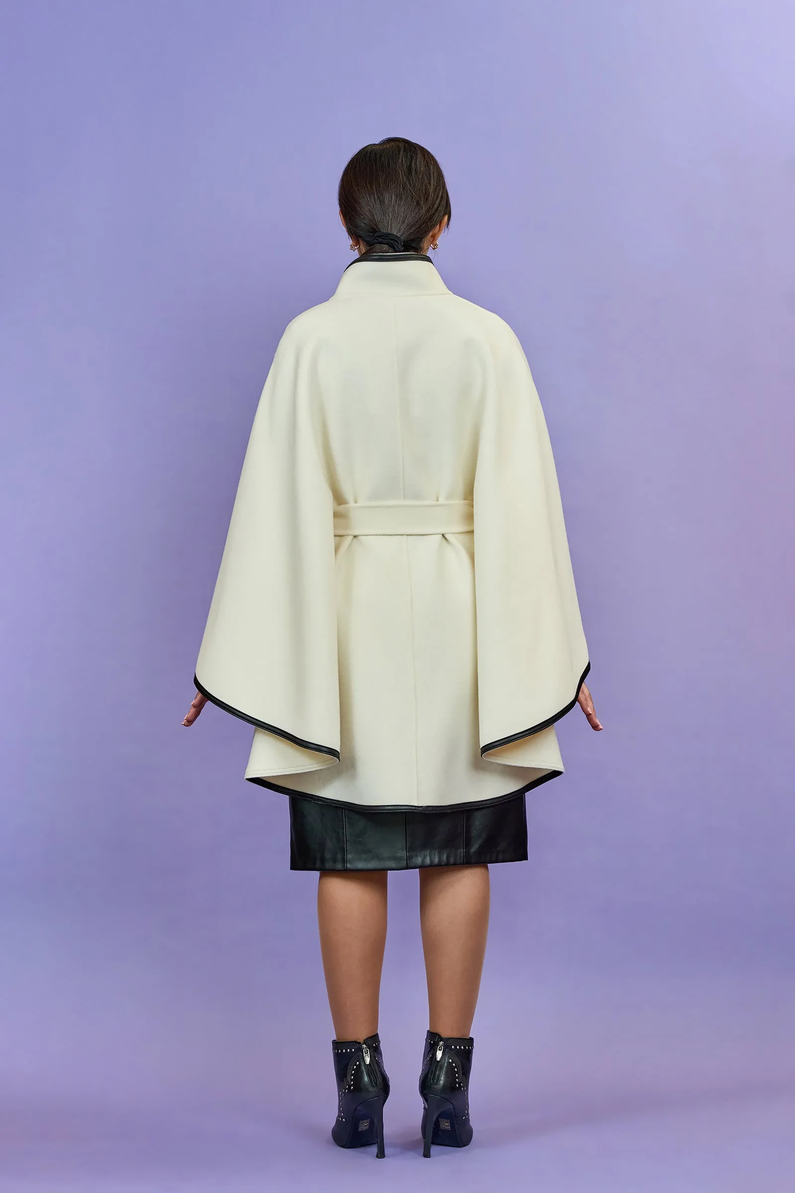 ALICE White Belted Cape Coat in Virgin Wool Cashmere Black Leather