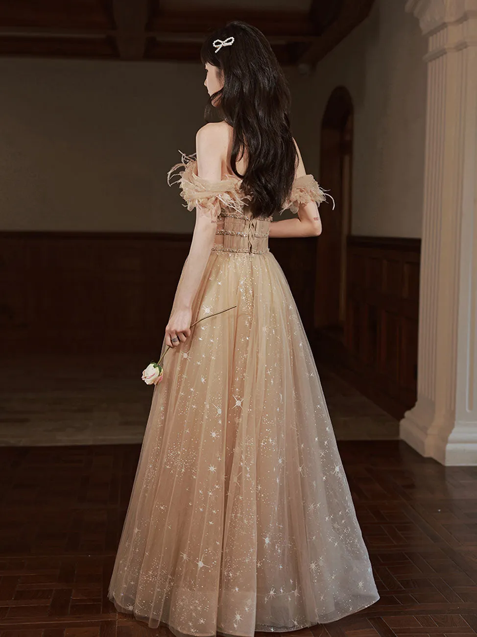 Aline Champagne Tulle Long Prom Dresses, Champagne Formal Graduation Dresses