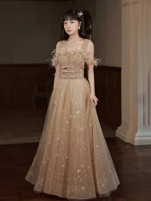 Aline Champagne Tulle Long Prom Dresses, Champagne Formal Graduation Dresses
