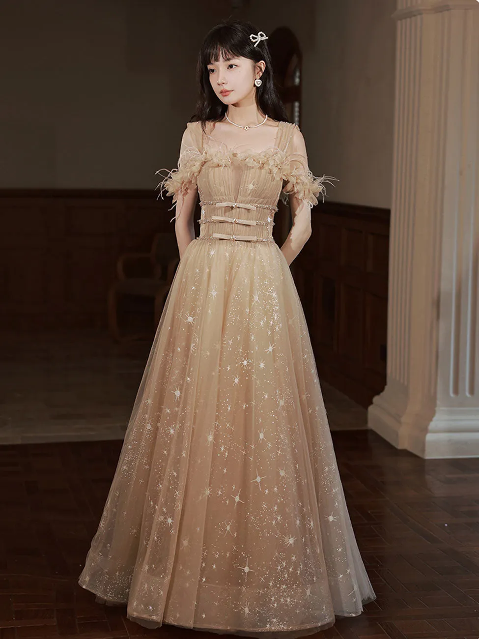 Aline Champagne Tulle Long Prom Dresses, Champagne Formal Graduation Dresses