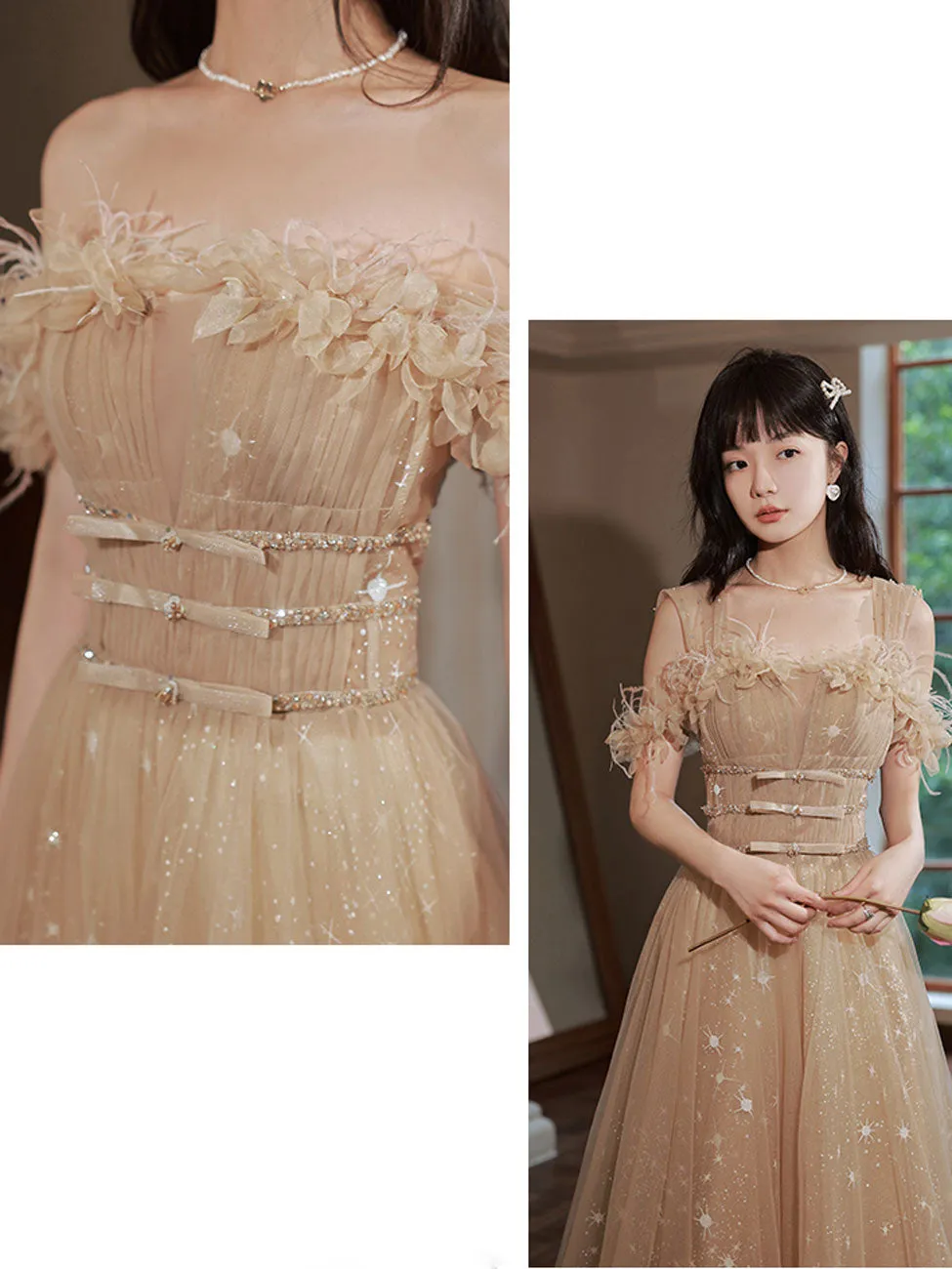 Aline Champagne Tulle Long Prom Dresses, Champagne Formal Graduation Dresses