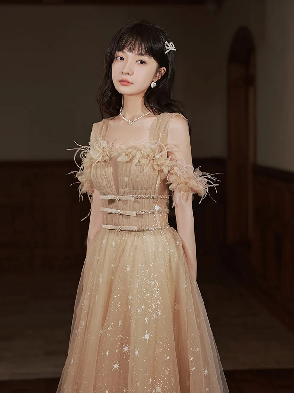 Aline Champagne Tulle Long Prom Dresses, Champagne Formal Graduation Dresses