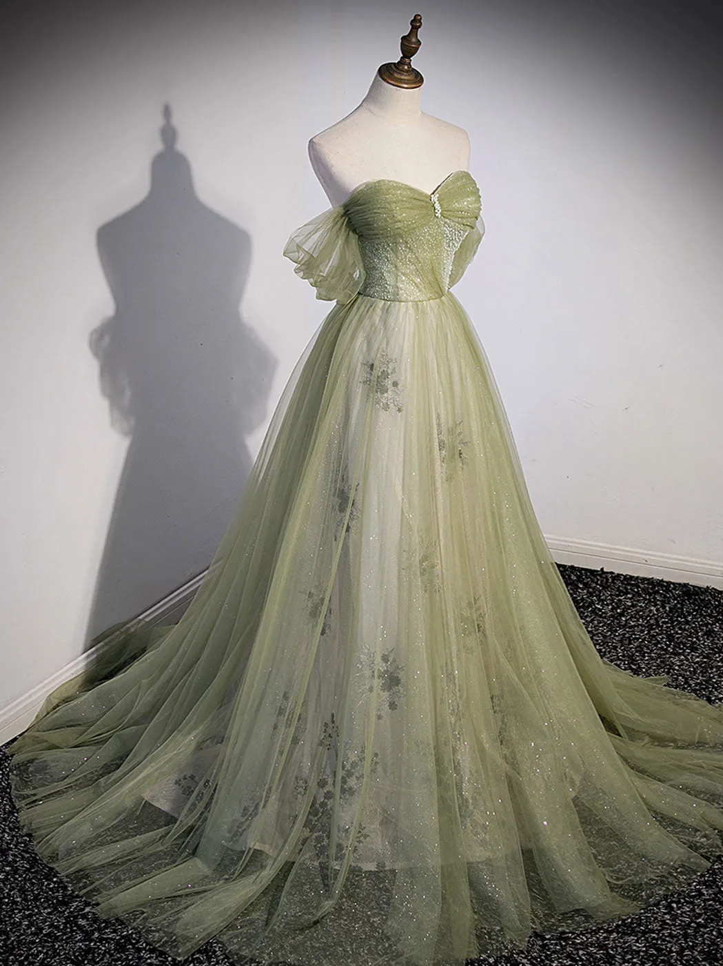 Aline Green Long Prom Dress, Green Tulle Formal Evening Dress