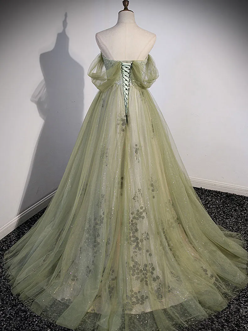 Aline Green Long Prom Dress, Green Tulle Formal Evening Dress