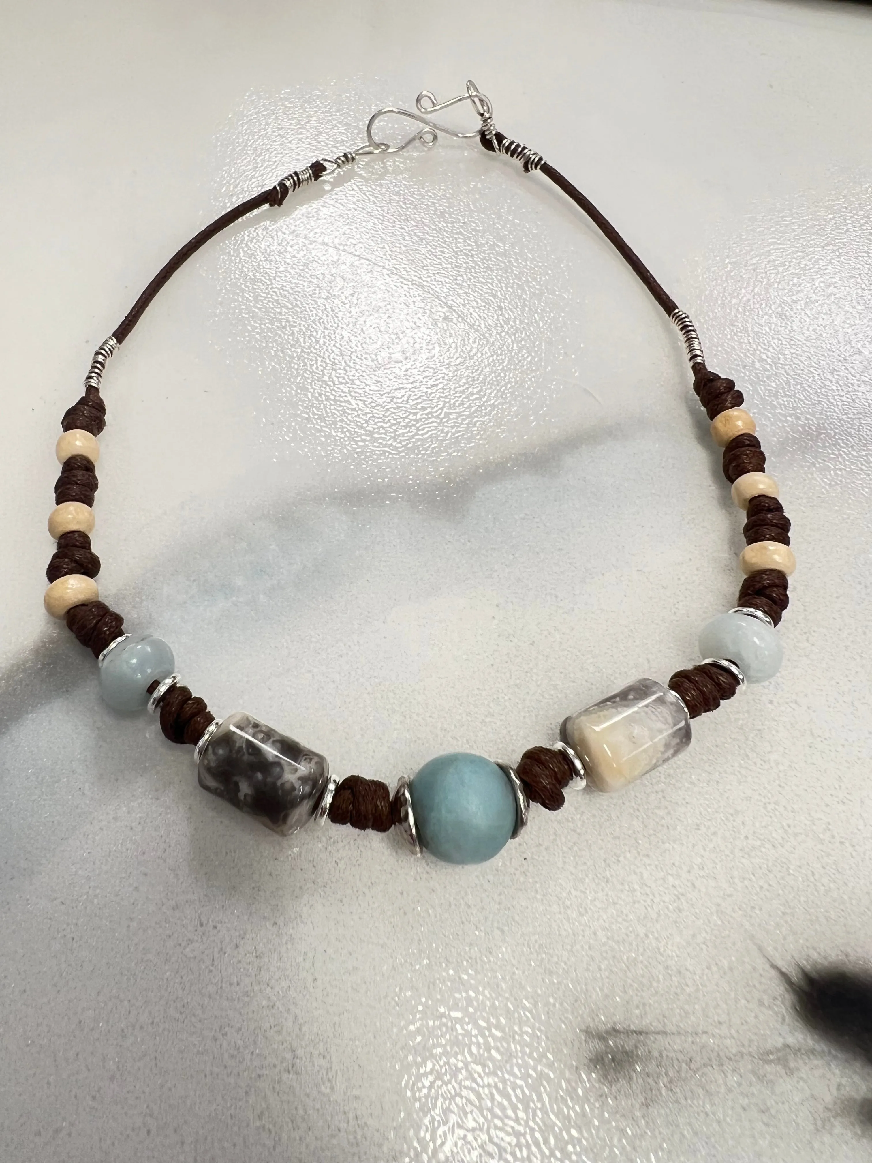 Amazonite & Crazy Lace Agate Necklace | Sterling Silver & Vegan Leather