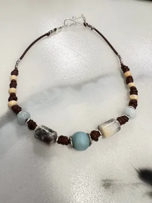 Amazonite & Crazy Lace Agate Necklace | Sterling Silver & Vegan Leather