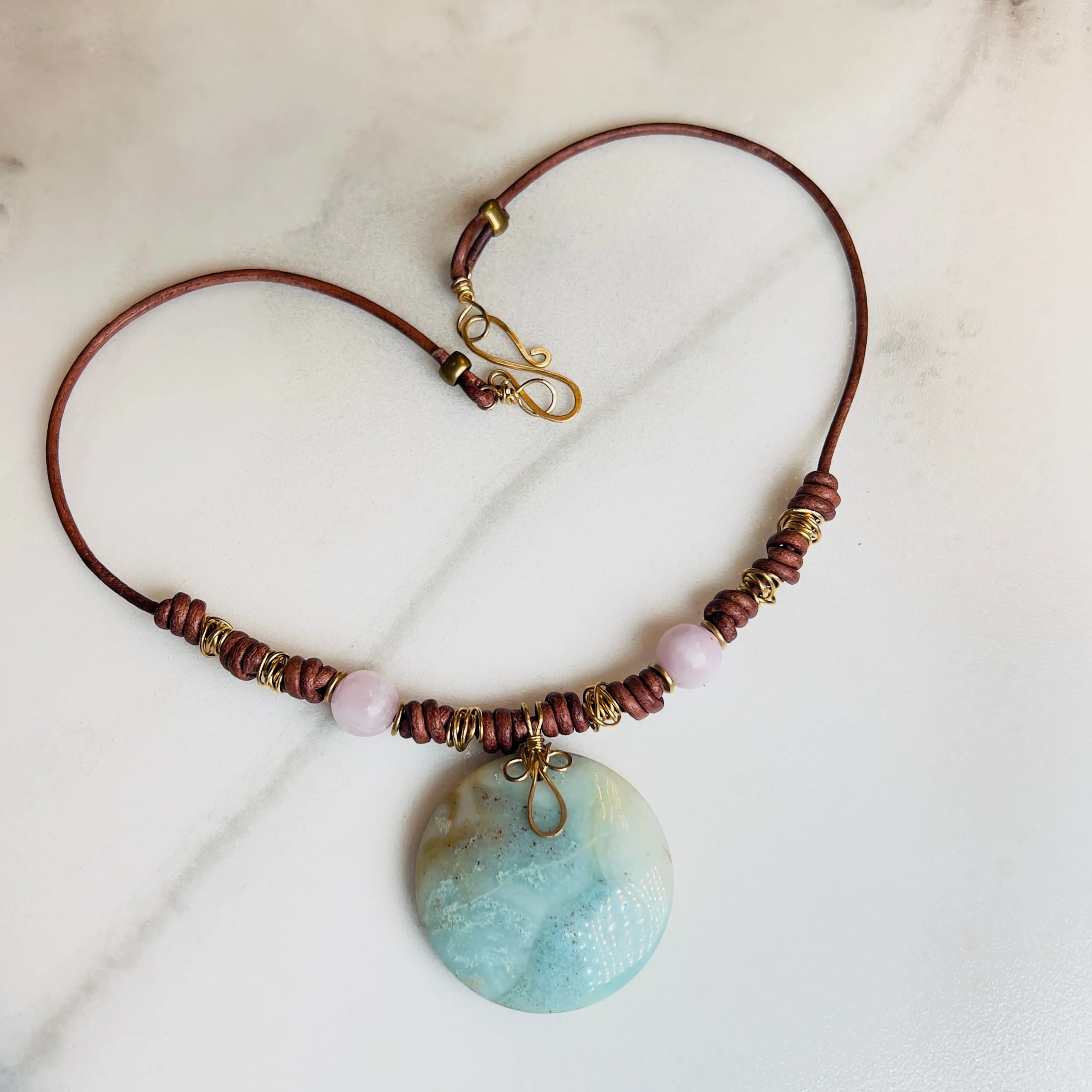 Amazonite & Kunzite Leather Necklace | Handcrafted Artisan Jewelry