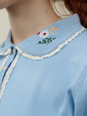 Amber Floral Embroidered Peter Pan Collar Contrast Lace Knit Blouse
