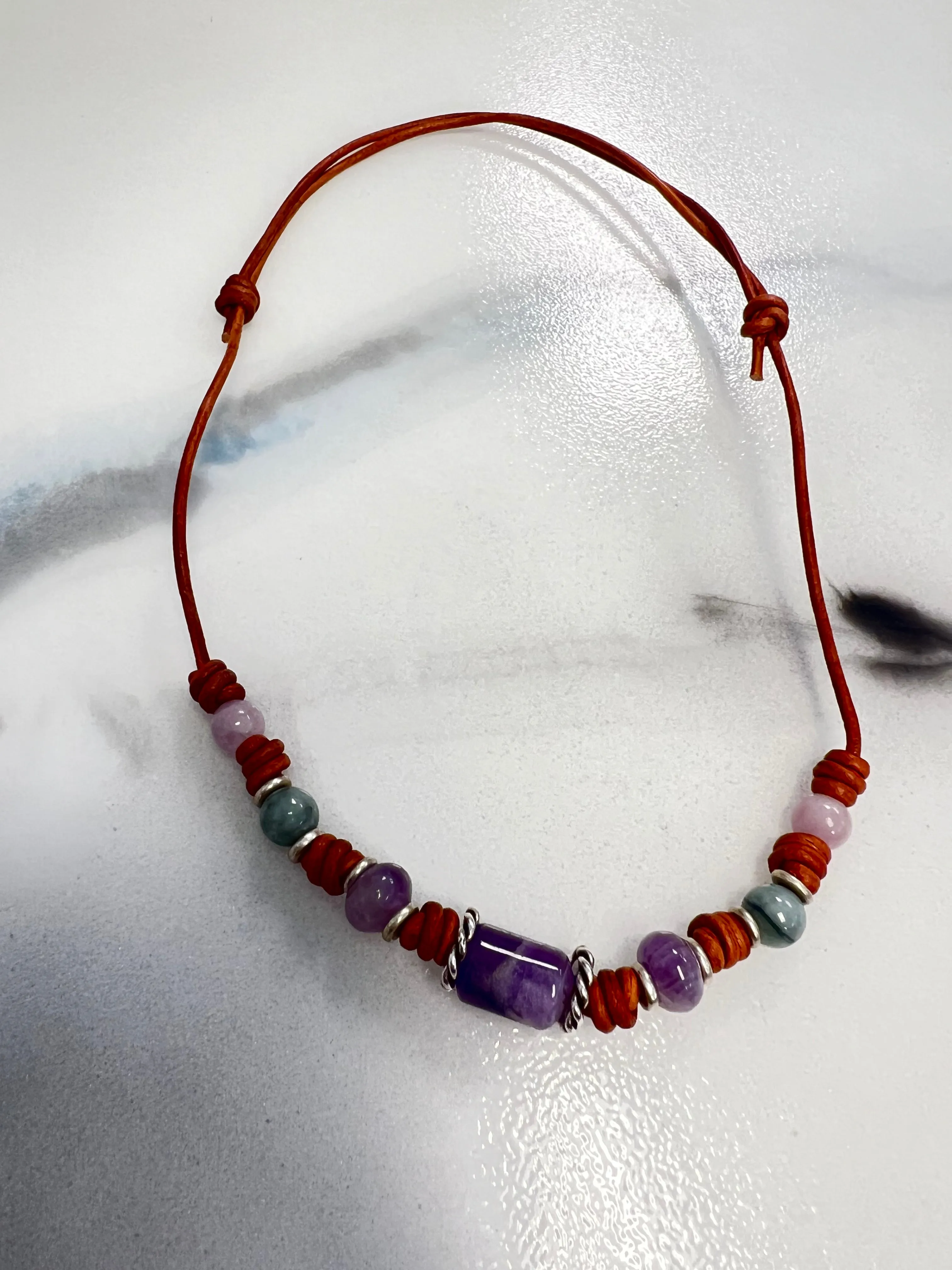 Amethyst, Jade, Kunzite & Sterling Silver Leather Necklace | Handcrafted Jewelry