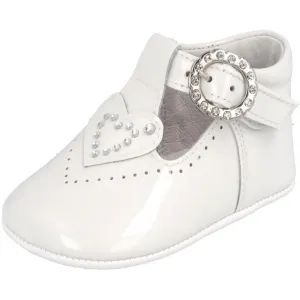 Andanines Pearlised White Pre-Walker Shoes with diamnonte heart and buckle