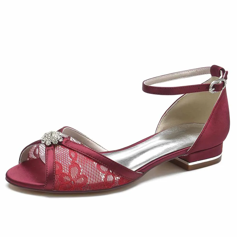 Ankle Strap Formal Flats Lace Open Toe Bridal Shoes