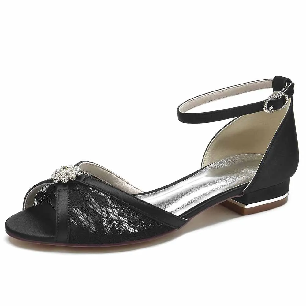 Ankle Strap Formal Flats Lace Open Toe Bridal Shoes
