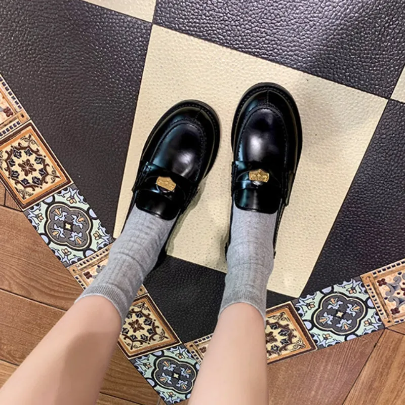 Autumn Retro Gold Buckle Women's Shoes Thick Heel Thick Sole Loafers