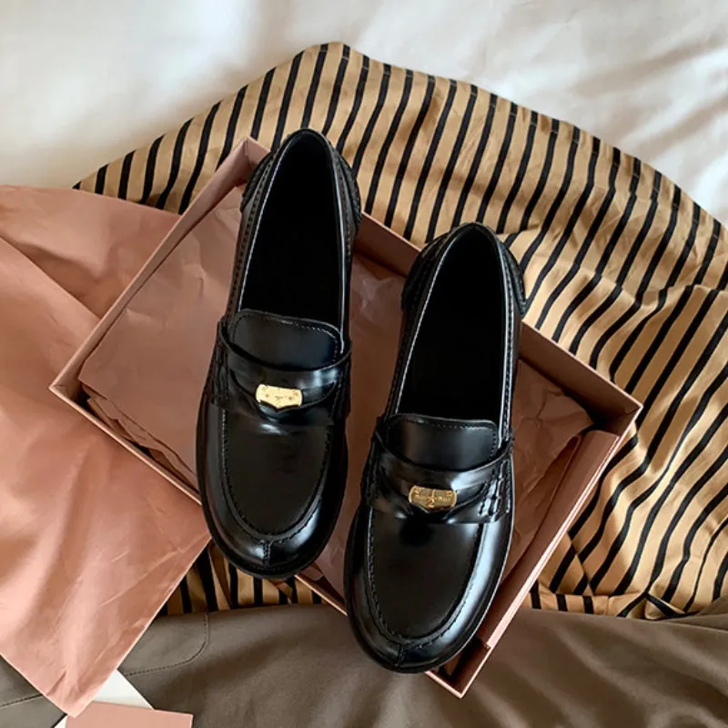 Autumn Retro Gold Buckle Women's Shoes Thick Heel Thick Sole Loafers