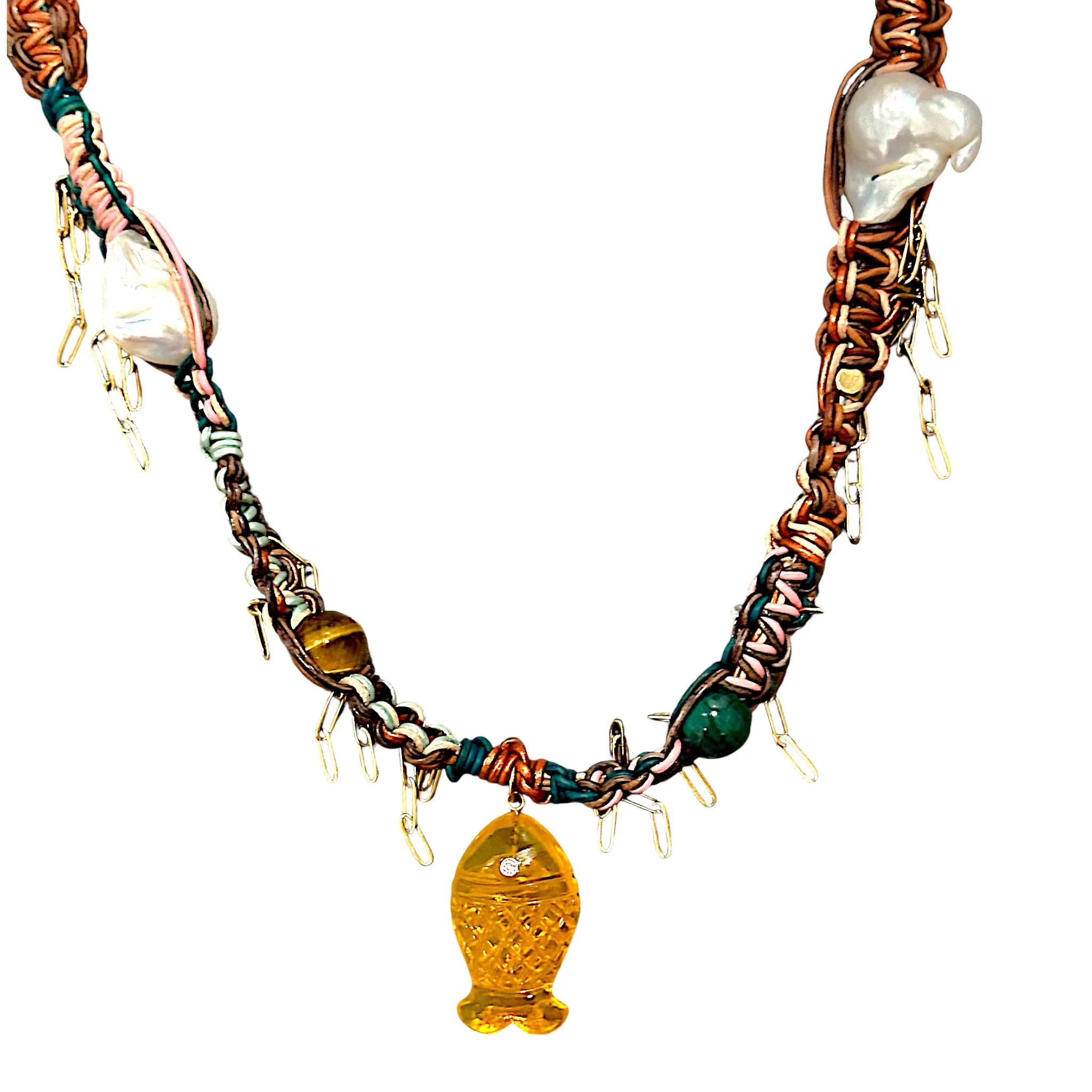 AUTUMN SKY GLOW FISH LEATHER ROCKSTAR NECKLACE