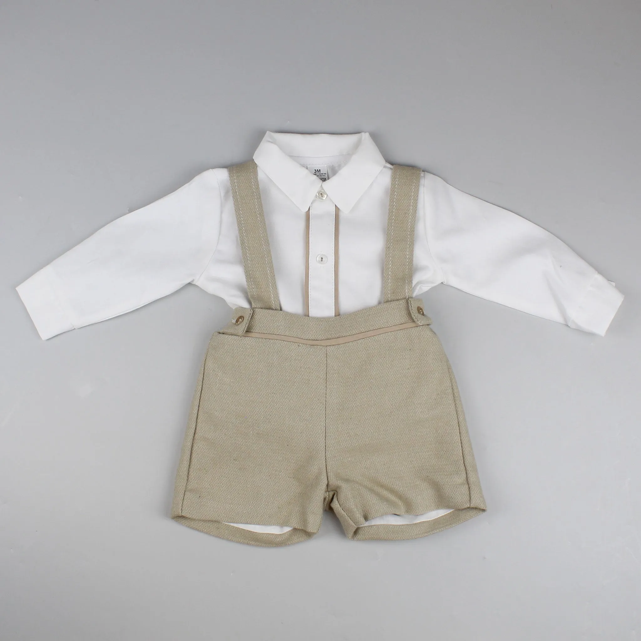 Baby Boys Beige Two Piece Outfit - Shirt, Braces and Shorts Set