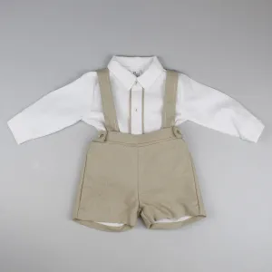 Baby Boys Beige Two Piece Outfit - Shirt, Braces and Shorts Set