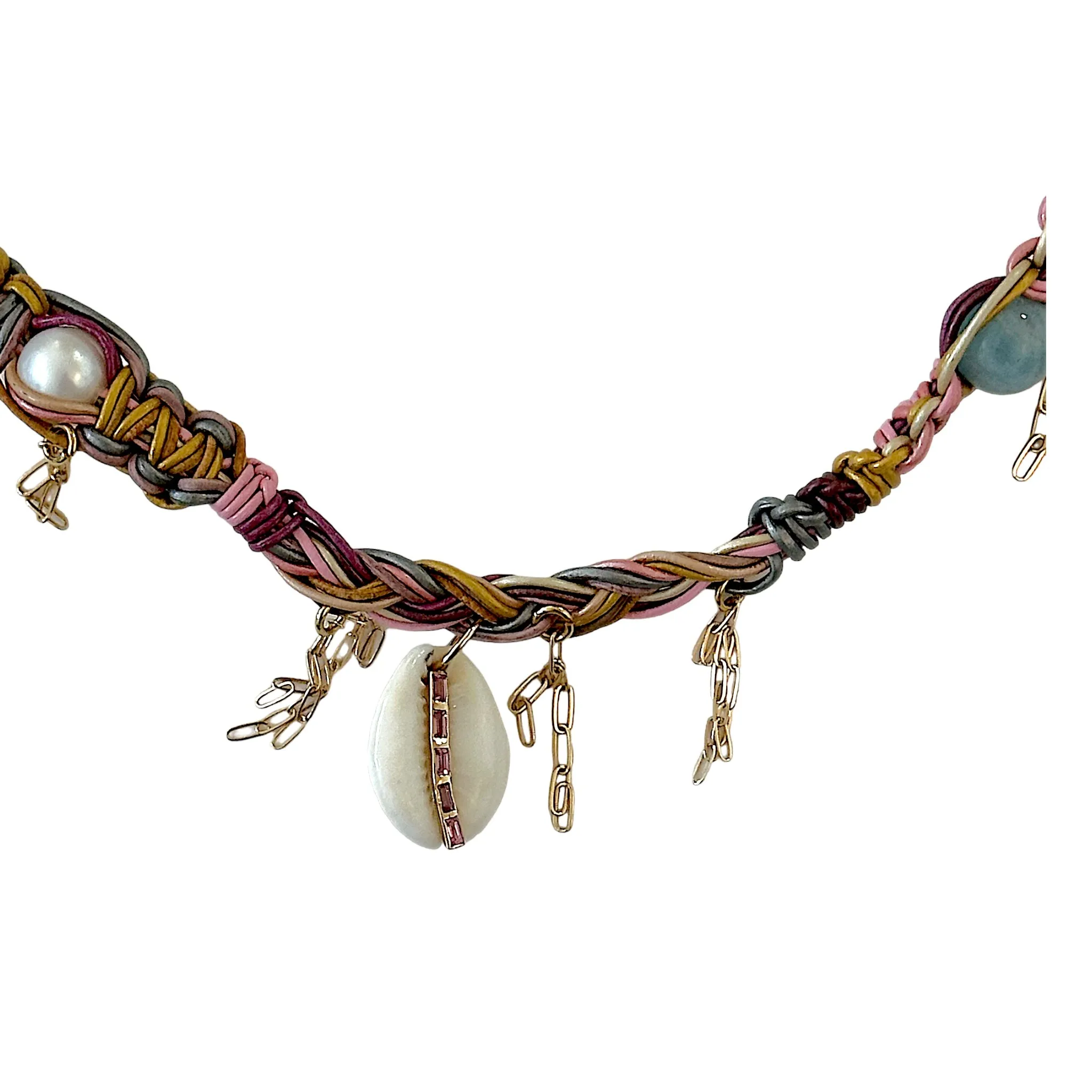 Barbie Pink Sapphire Cowrie Shell Leather Rockstar Necklace